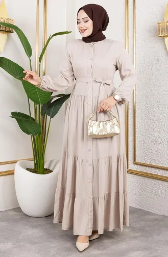 Önden Düğmeli Viskon Elbise 1124-06 Vizon