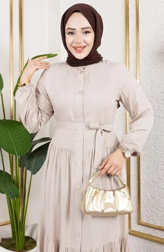 Önden Düğmeli Viskon Elbise 1124-06 Vizon