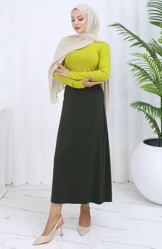 تنورة قلم رصاص بخصر مرن 0001-02 باللون الأخضر الداكن 0001-02