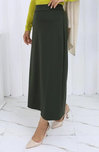 تنورة قلم رصاص بخصر مرن 0001-02 باللون الأخضر الداكن 0001-02