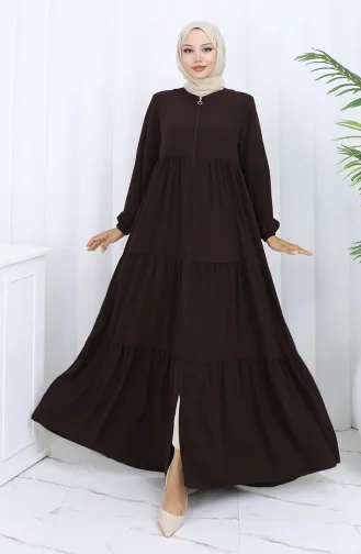 Elastic Sleeve Zippered Abaya 6269-05 Brown 6269-05