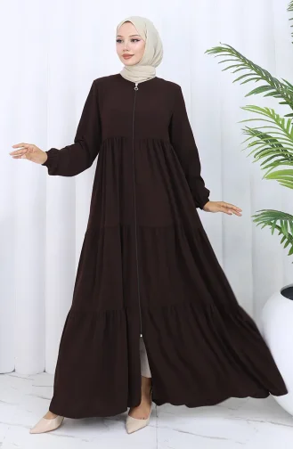 Elastic Sleeve Zippered Abaya 6269-05 Brown 6269-05