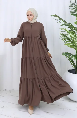 عباية بأكمام مرنة وسحاب 6269-07 لون القهوة الحليبية 6269-07