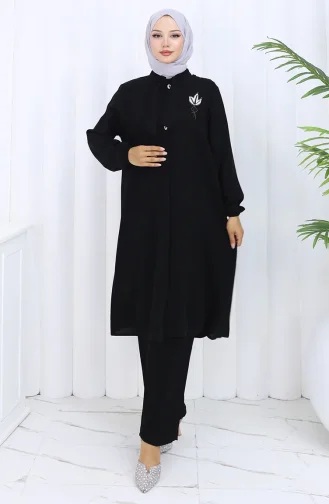 بدلة تونيك مطرزة بمقاسات كبيرة من قطعتين 6254-01 باللون الأسود 6254-01
