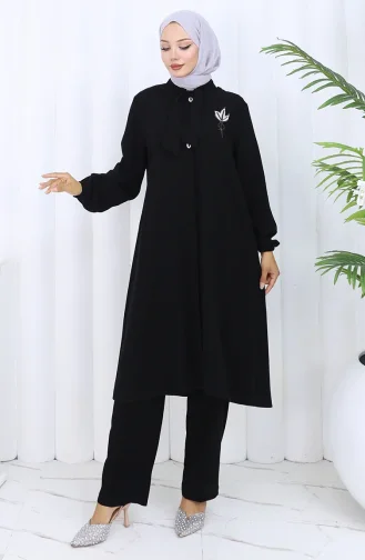 Plus Size Embroidered Tunic Trousers Two Piece Suit 6254-01 Black 6254-01