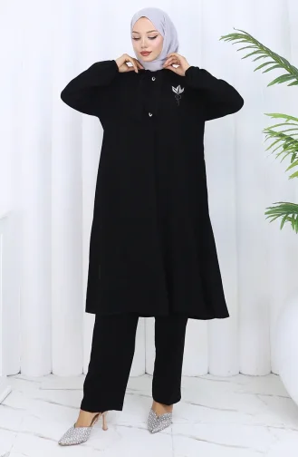 Plus Size Embroidered Tunic Trousers Two Piece Suit 6254-01 Black 6254-01