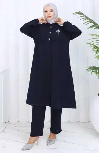 Plus Size Embroidered Tunic Trousers Two Piece Suit 6254-02 Navy Blue 6254-02