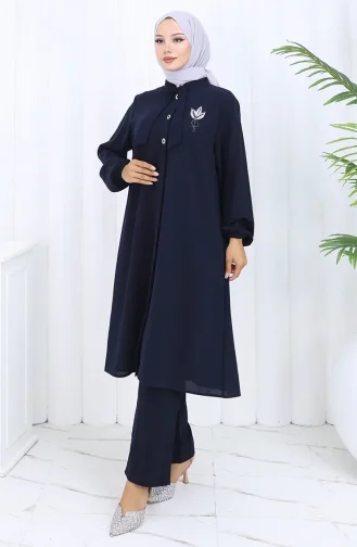 Plus Size Embroidered Tunic Trousers Two Piece Suit 6254-02 Navy Blue 6254-02