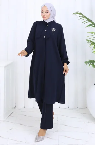 Plus Size Embroidered Tunic Trousers Two Piece Suit 6254-02 Navy Blue 6254-02