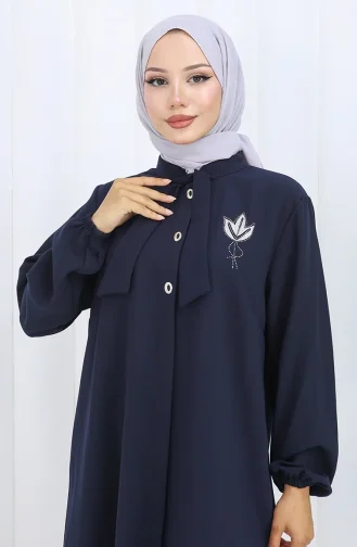 Plus Size Embroidered Tunic Trousers Two Piece Suit 6254-02 Navy Blue 6254-02