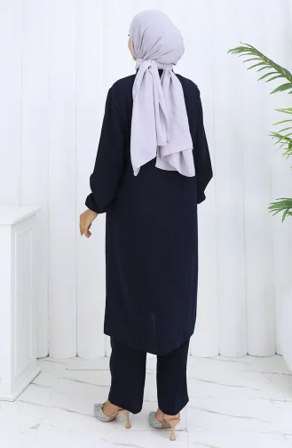Plus Size Embroidered Tunic Trousers Two Piece Suit 6254-02 Navy Blue 6254-02