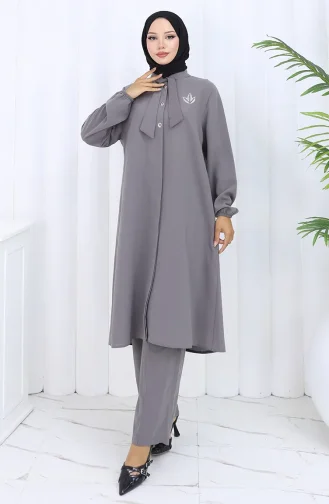 Plus Size Embroidered Tunic Trousers Two Piece Suit 6254-03 Gray 6254-03