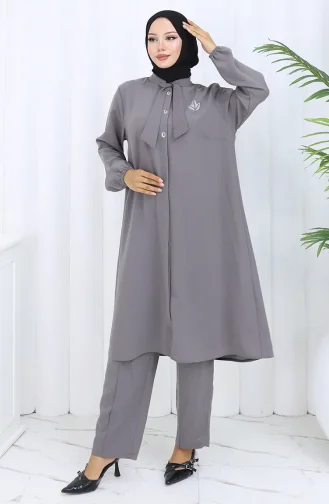 Plus Size Embroidered Tunic Trousers Two Piece Suit 6254-03 Gray 6254-03