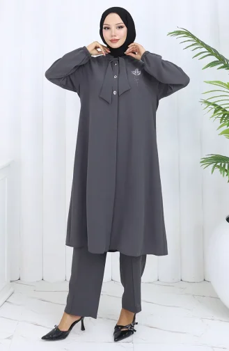 Plus Size Embroidered Tunic Trousers Two Piece Suit 6254-04 Smoke 6254-04