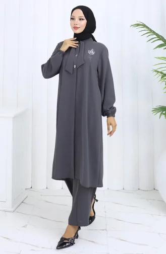 Plus Size Embroidered Tunic Trousers Two Piece Suit 6254-04 Smoke 6254-04