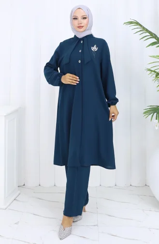 طقم تونيك وبنطلون مطرز مقاس كبير من قطعتين 6254-05 بترولي 6254-05