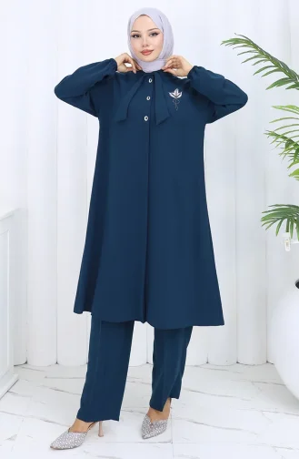 طقم تونيك وبنطلون مطرز مقاس كبير من قطعتين 6254-05 بترولي 6254-05