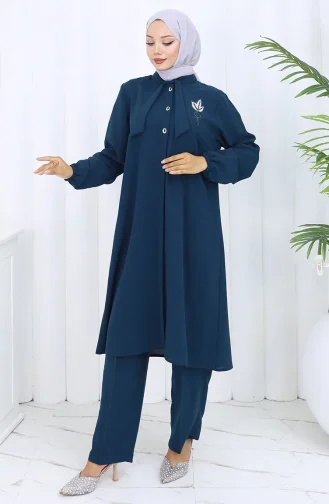 طقم تونيك وبنطلون مطرز مقاس كبير من قطعتين 6254-05 بترولي 6254-05