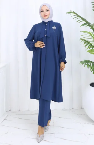 Plus Size Embroidered Tunic Trousers Two Piece Suit 6254-06 Indigo 6254-06