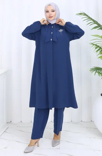 Plus Size Embroidered Tunic Trousers Two Piece Suit 6254-06 Indigo 6254-06