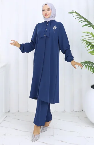 Plus Size Embroidered Tunic Trousers Two Piece Suit 6254-06 Indigo 6254-06