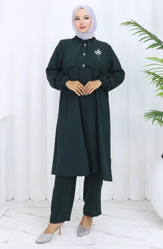Plus Size Embroidered Tunic Trousers Two-Piece Suit 6254-07 Emerald Green 6254-07
