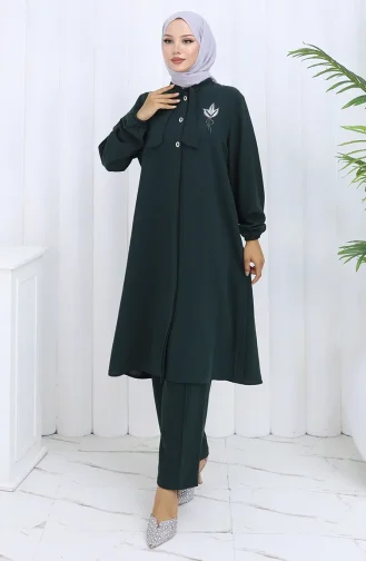 Plus Size Embroidered Tunic Trousers Two-Piece Suit 6254-07 Emerald Green 6254-07