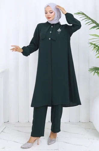 Plus Size Embroidered Tunic Trousers Two-Piece Suit 6254-07 Emerald Green 6254-07