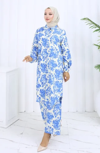 Ensemble Deux Pièces Tunique Et Pantalon à Motifs 0126-01 Indigo 0126-01