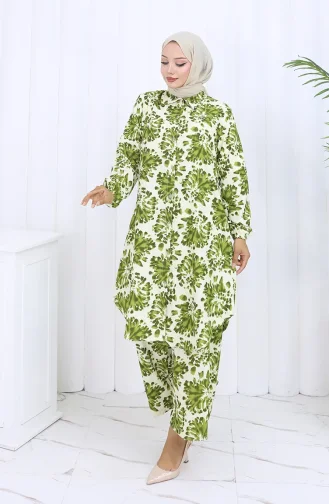 Patterned Tunic Trousers Two Piece Set 0126-02 Khaki 0126-02