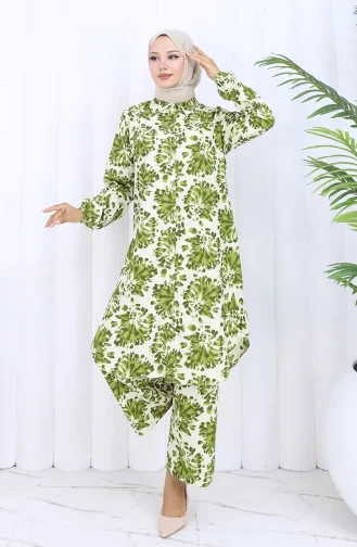 Patterned Tunic Trousers Two Piece Set 0126-02 Khaki 0126-02