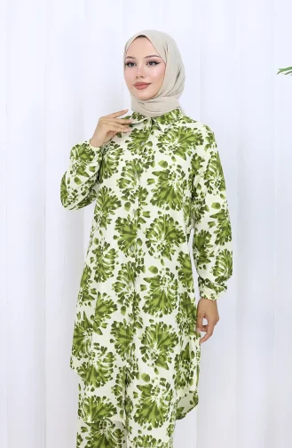 Patterned Tunic Trousers Two Piece Set 0126-02 Khaki 0126-02