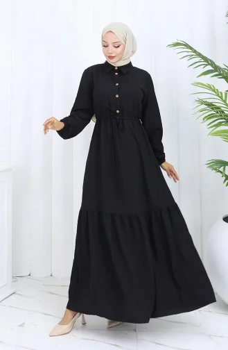 Beli Bağcıklı Düğmeli Elbise 0127-01 Siyah