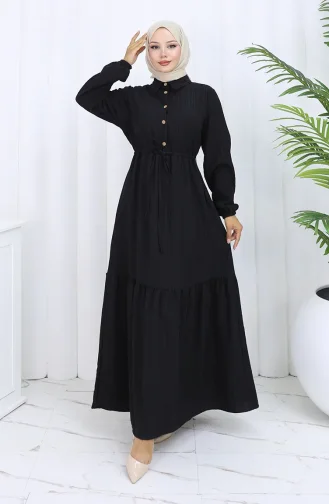 Beli Bağcıklı Düğmeli Elbise 0127-01 Siyah