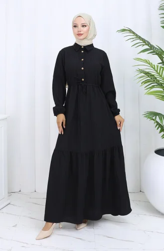 Beli Bağcıklı Düğmeli Elbise 0127-01 Siyah