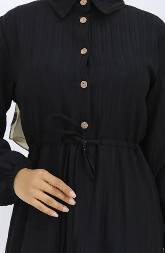 Beli Bağcıklı Düğmeli Elbise 0127-01 Siyah