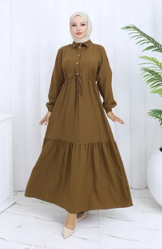 Beli Bağcıklı Düğmeli Elbise 0127-02 Kahverengi
