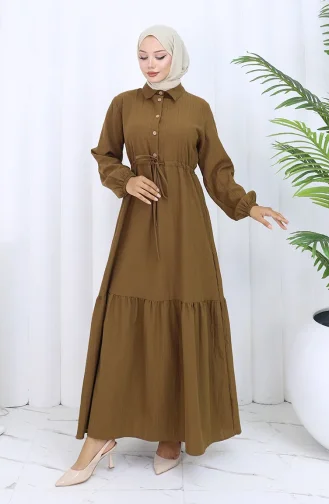 Beli Bağcıklı Düğmeli Elbise 0127-02 Kahverengi