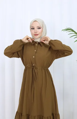 Beli Bağcıklı Düğmeli Elbise 0127-02 Kahverengi