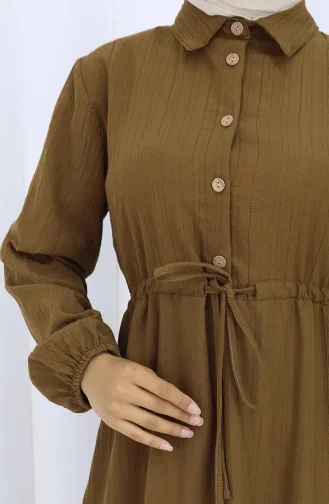 Beli Bağcıklı Düğmeli Elbise 0127-02 Kahverengi