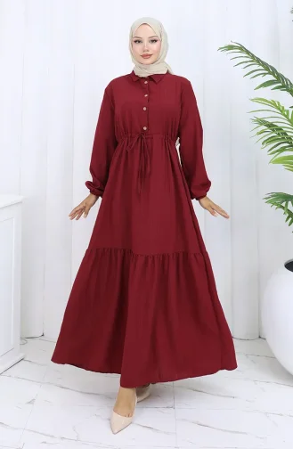 Beli Bağcıklı Düğmeli Elbise 0127-03 Bordo