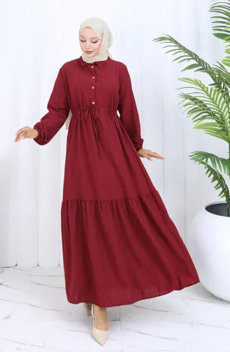 Beli Bağcıklı Düğmeli Elbise 0127-03 Bordo