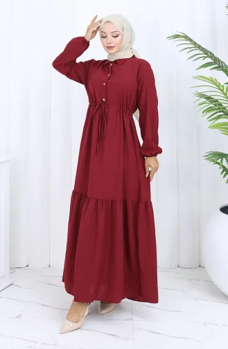Beli Bağcıklı Düğmeli Elbise 0127-03 Bordo