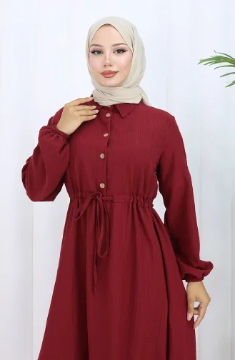 Beli Bağcıklı Düğmeli Elbise 0127-03 Bordo