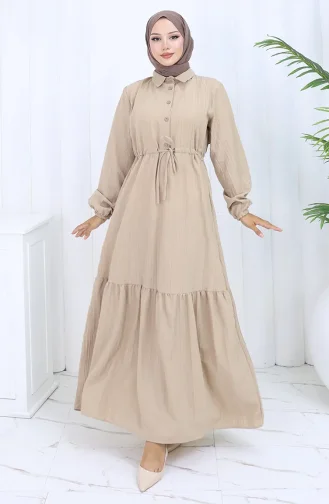 Beli Bağcıklı Düğmeli Elbise 0127-04 Vizon