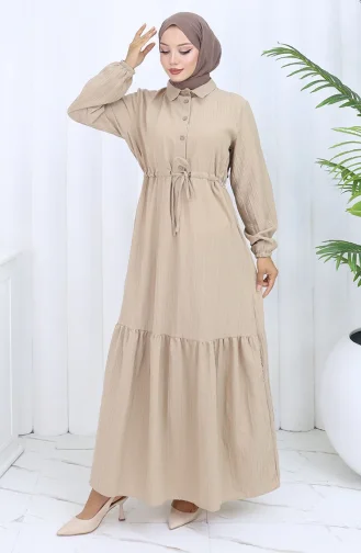 Beli Bağcıklı Düğmeli Elbise 0127-04 Vizon