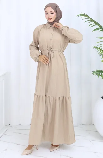 Beli Bağcıklı Düğmeli Elbise 0127-04 Vizon