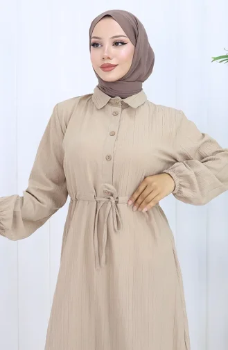 Beli Bağcıklı Düğmeli Elbise 0127-04 Vizon