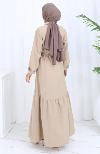 Beli Bağcıklı Düğmeli Elbise 0127-04 Vizon