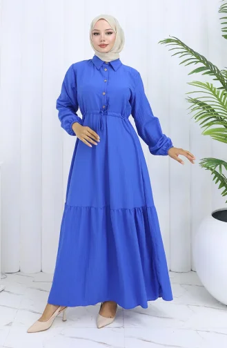 فستان بأزرار وخصر مربوط 0127-05 أزرق 0127-05